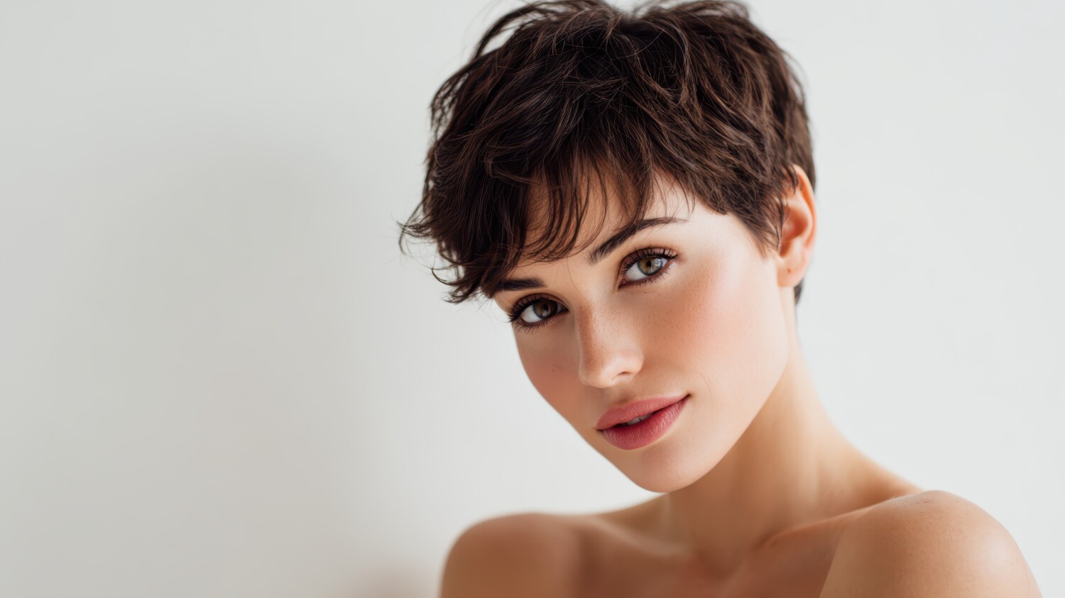 Young woman with natural appeal and a stylish pixie haircut showcasing healthy, clear skin, representing concepts of beauty, skincare, youth, and confidence with a minimalist aesthetic